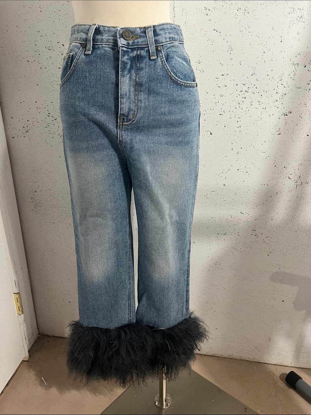 Light Blue Straight Leg Jeans with Black Faux Fur Cuff